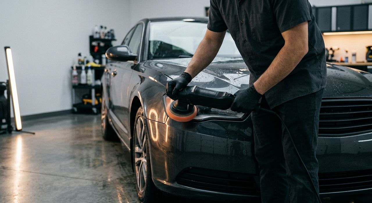 Detailer running a dual-action polisher with an orange pad along the fender of a dark car in a shop bay