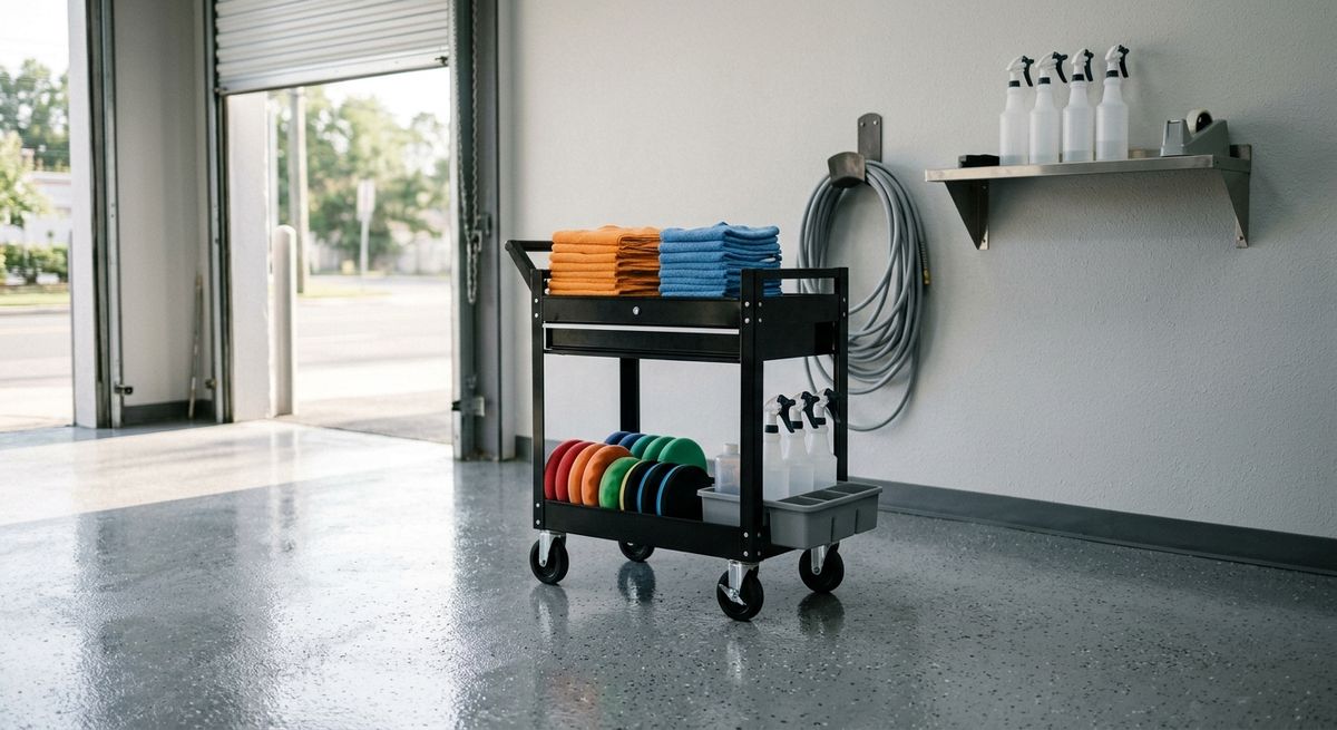 Detailing bay with a rolling cart of folded microfiber towels and foam polishing pads by an open door