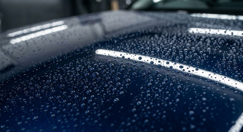 Tight water beads standing on a freshly polished deep blue hood under a long shop light